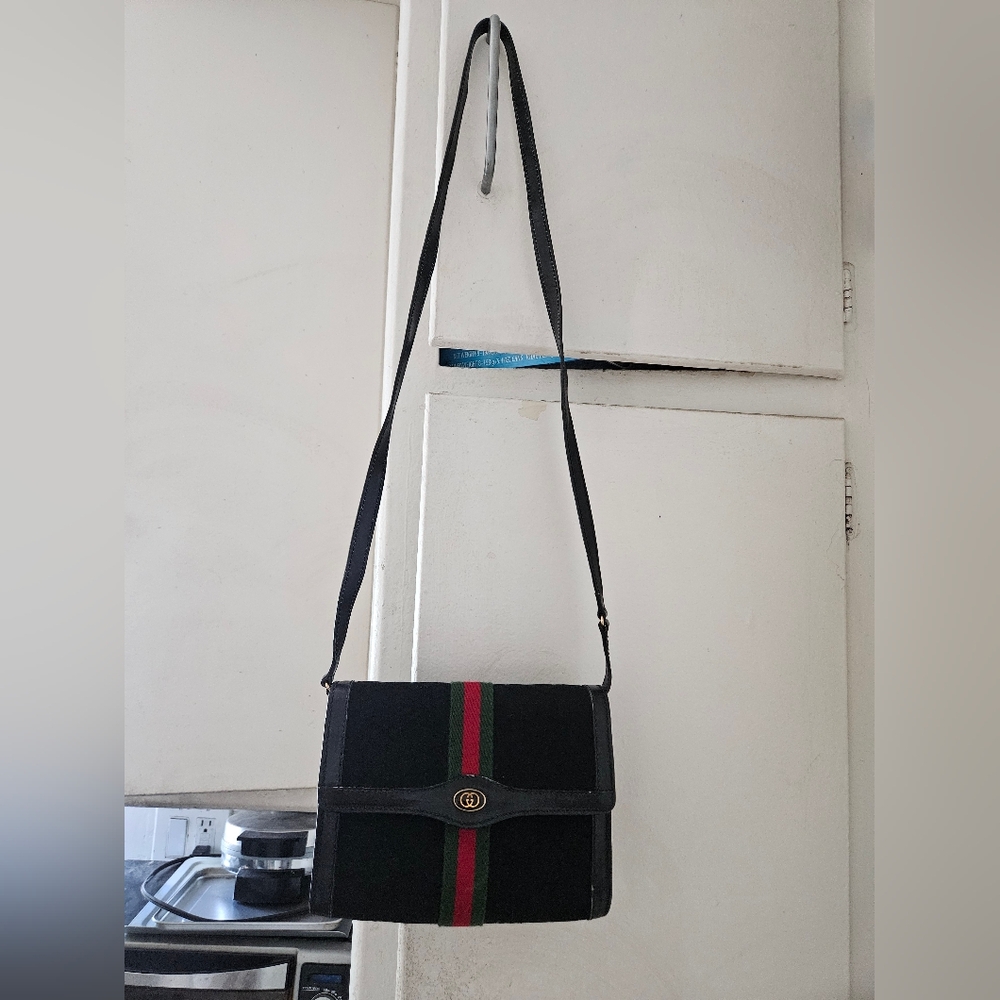 Gucci Parfumes black GG red green stripe small crossbody shoulder bag